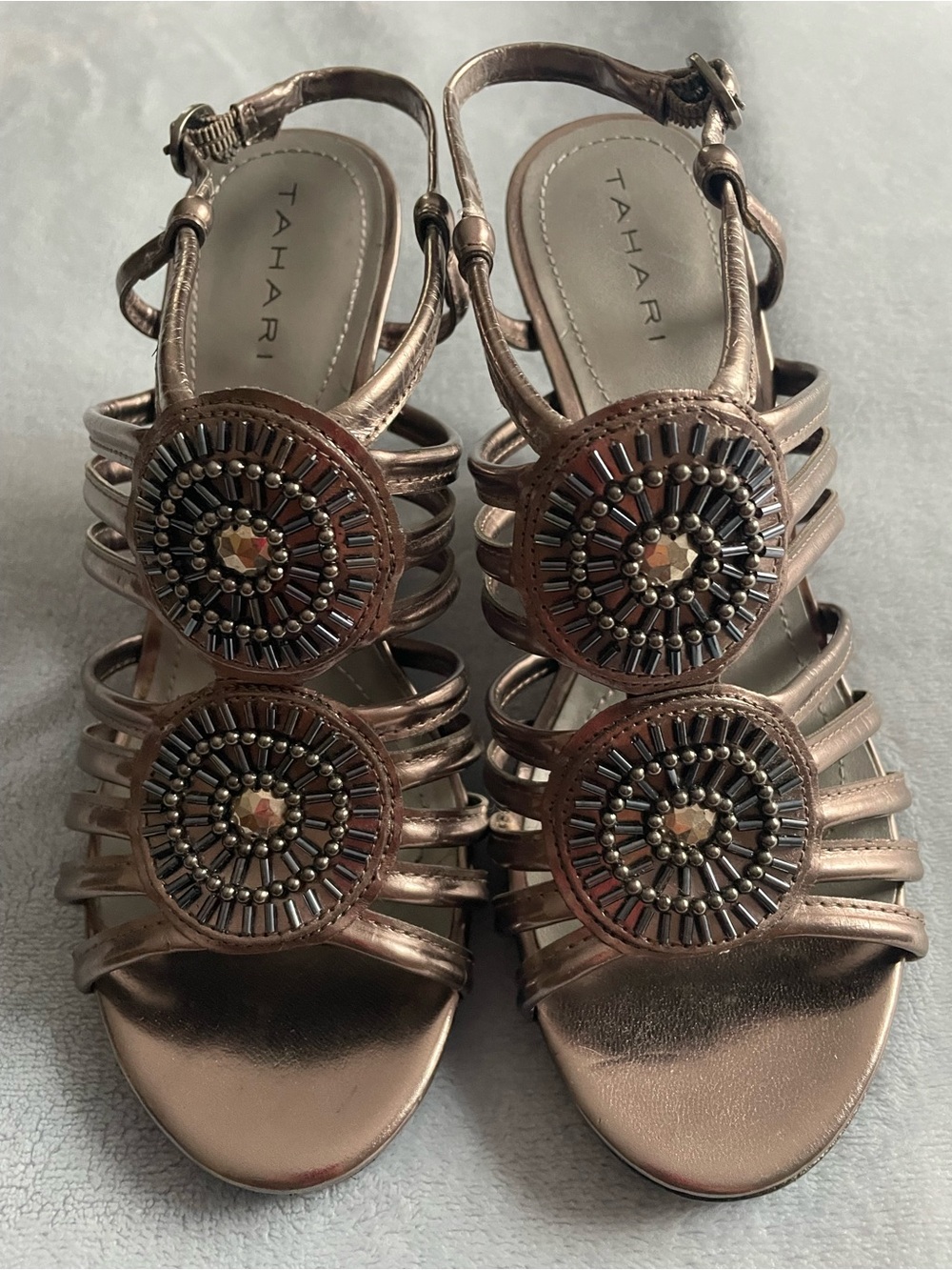 Tahari Silver Beaded Strappy Sandals